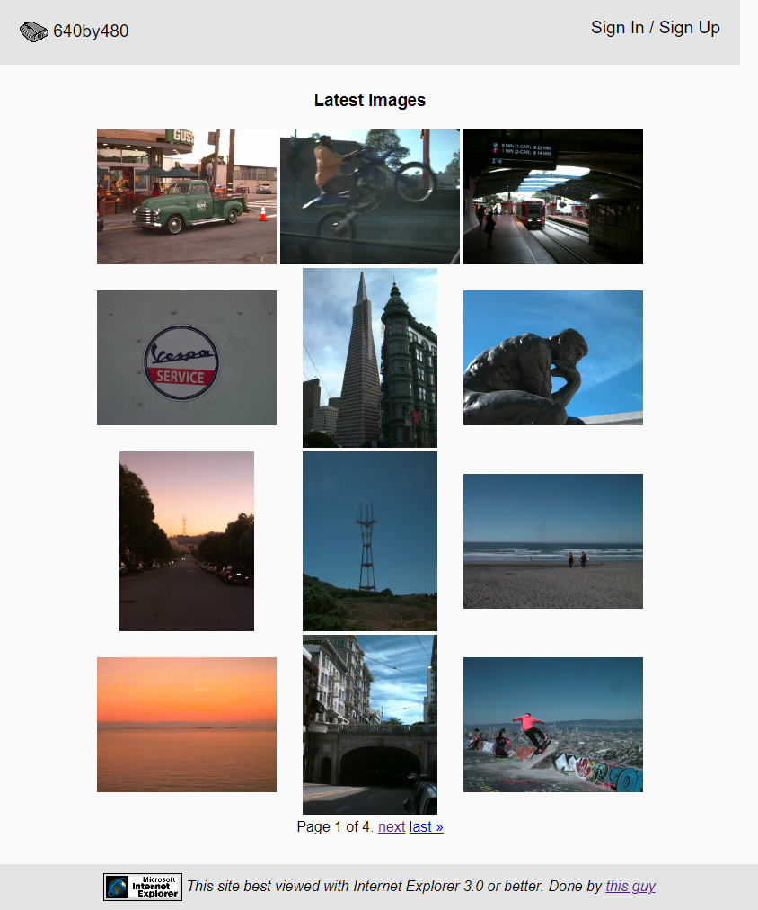 Screenshot of 640by480.com — a grid of low-resolution photos from vintage digital cameras