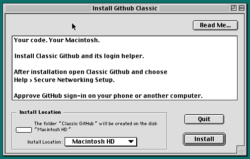 The Install Classic GitHub screen with the install location set to Macintosh HD