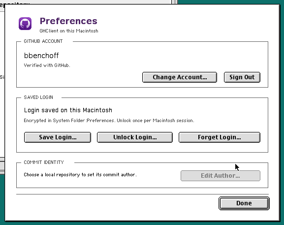 GitHub Classic preferences showing the verified account and encrypted saved login