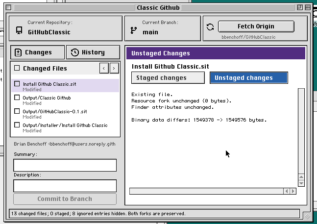 GitHub Classic showing an unstaged data-fork and resource-fork change